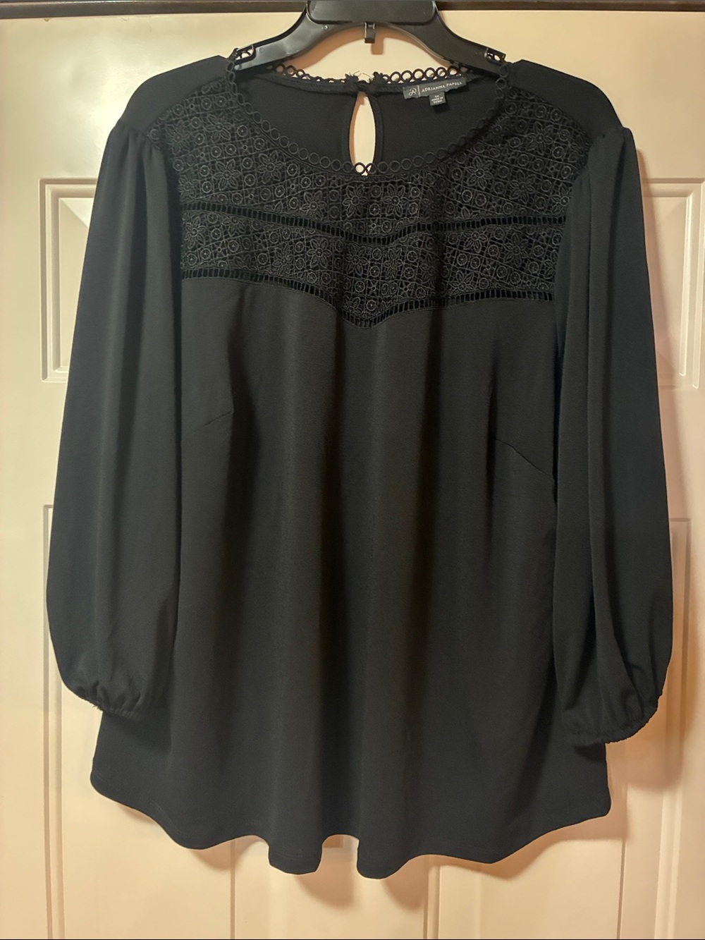 1X Adrienna Papell Black Stretch Peasant Top w/ Lace Yoke & Neck Detail